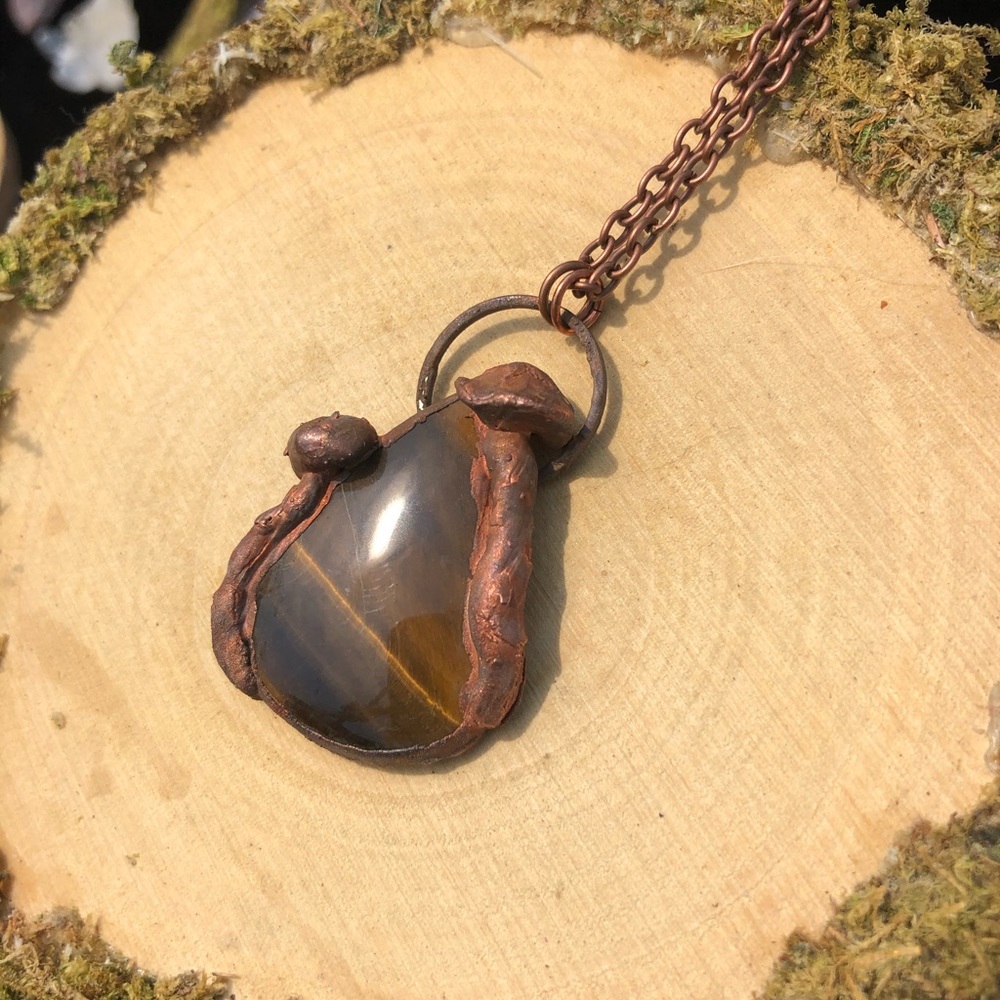 cleo - tigers eye mushroom crystal statement copper necklace